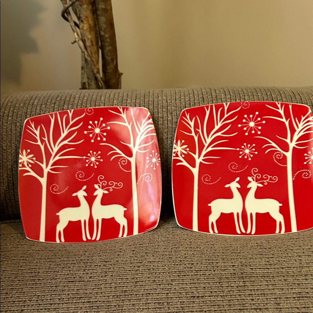 Festive Red Holiday Plates with Reindeer Design set of 2